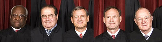 Supreme Court, left to right, Thomas, Scalia, Roberts, Alito, Kennedy