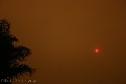 smoke-filled sky with the red sun barely shining through