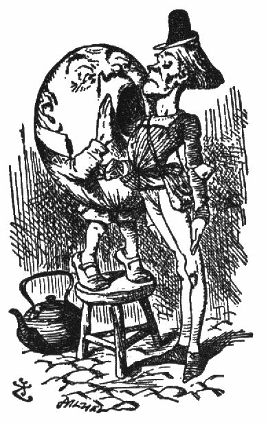 Drawing by John Tenniel for Alice Through the Looking Glass of Humpty Dumpty yelling at one of the very stiff King's men.