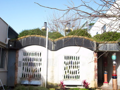 Hundertwasser-toilet-back-wall-and-green-roof-Kawakawa-09-07-2011-IMG 9142
